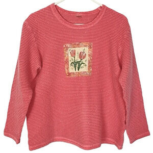 Vintage 90s Handmade Thermal Shirt Womens Size Medium Long Sleeve Crew Pink Top